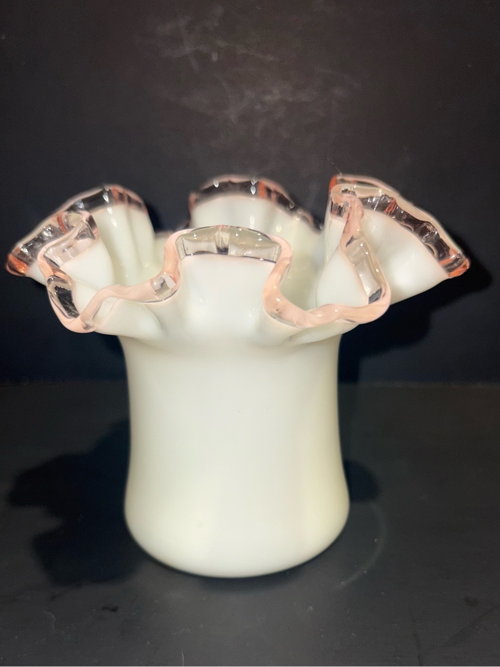 Fenton White Ruffled Vase with Pink Crest Edge